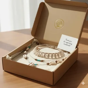 The elegant shell necklace cowrie placed neatly inside a branded, eco-friendly gift box with a thank you note.