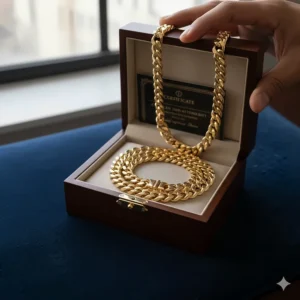 The secure, high-end packaging or gift box included with the purchase of a real gold Miami Cuban link chain.
