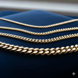 Comparison of three different thicknesses of real gold Miami Cuban link chains, from subtle to statement.