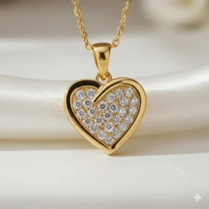 Detailed close-up showing the brilliant sparkle of the genuine diamonds set in the 14k gold heart pendant.