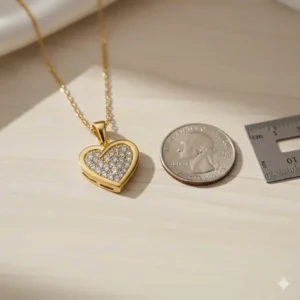 Photo showing the exact size of the diamond heart pendant compared to a US quarter or ruler for scale.