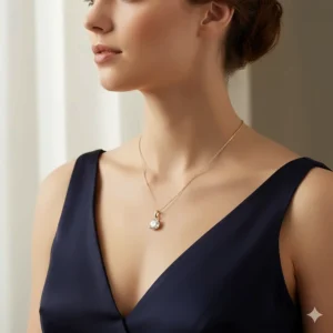 Elegant view of the 14k gold solitaire necklace being worn, showcasing where the pendant rests on the décolletage.