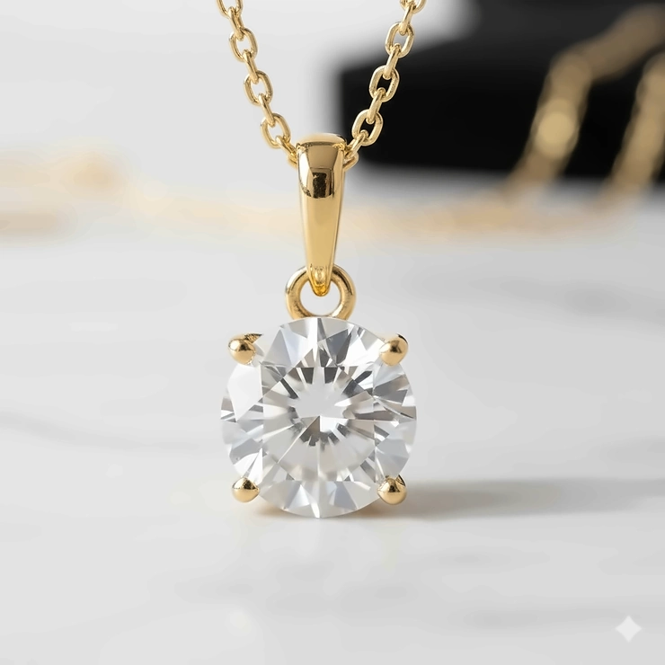 Close-up view showing the secure 4-prong setting of the brilliant-cut diamond in the 14k gold solitaire pendant.