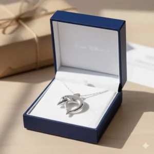 The dolphin necklace nestled inside an elegant, branded gift box, ready to be given as a special gift.