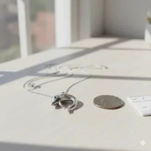 The dolphin necklace placed next to a common object, such as a coin or ruler, to demonstrate the actual size of the pendant.