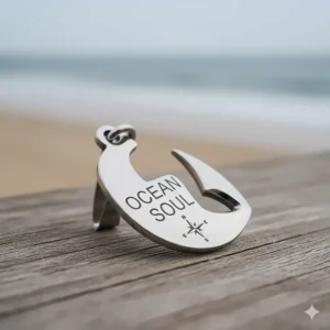 Detailed view of the back of the pendant, showing an optional personalized engraving on the steel fish hook necklace.