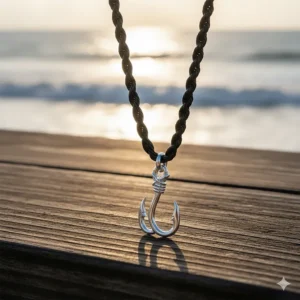 Fish hook pendant hanging from a durable black rope chain, offering a sporty and casual look.