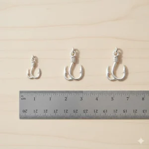 Image showing the small, medium, and large size options for the fish hook pendant next to a ruler for scale.