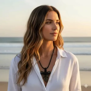 A woman wearing the unique fossil megalodon tooth necklace, showing how this distinctive piece can be layered with other necklaces for a modern look.