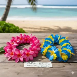 A comparison shot of a fresh, natural lei next to a durable, artificial Hawaiian flower necklace, highlighting the different material choices.