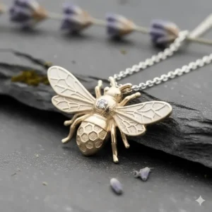 Detailed close-up of a gold bee necklace pendant, highlighting the intricate wing texture and the small diamond accent on the bee's body.