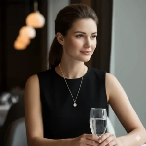 A woman wearing the classic diamond solitaire pendant necklace as a versatile accessory with an evening outfit.