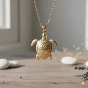 Close-up detail of a delicate gold sea turtle necklace pendant, showing the intricate shell engraving.