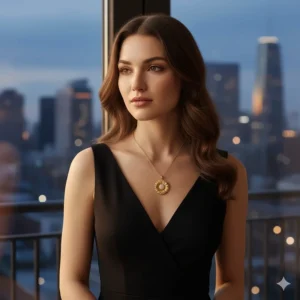 Dainty gold sunflower necklace paired beautifully with a black dress, demonstrating how the pendant catches the light for an elegant evening look.