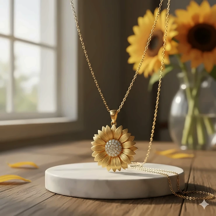 Elegant 14K gold sunflower necklace resting on a white display, showcasing the detailed petals and center gemstone. The perfect gold sunflower pendant for a gift. sunflower necklace gold