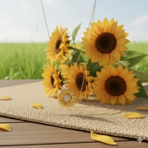 The gold sunflower pendant placed next to real, vibrant yellow sunflowers, connecting the jewelry's design to its nature-inspired theme.