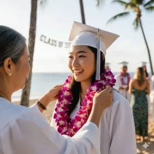A purple and white orchid Hawaiian flower necklace being presented as a graduation gift, symbolizing connection and celebration.