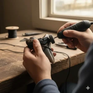 A shot of the jewelry maker's hands polishing the mounted megalodon tooth pendant, emphasizing the handcrafted quality of the shark tooth jewelry.