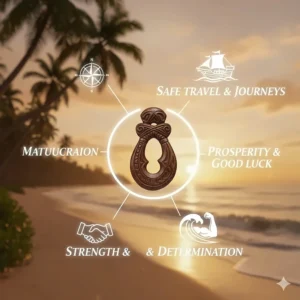 Simple graphic illustrating the meaning of the Hawaiian fish hook necklace (Matau), symbolizing strength and safe travel over water.