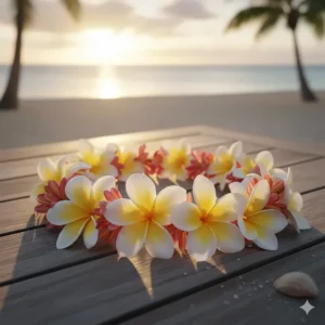 A close-up of a fresh, fragrant Hawaiian flower necklace (lei) made of creamy white and yellow plumeria blossoms, symbolizing a warm welcome to the islands.