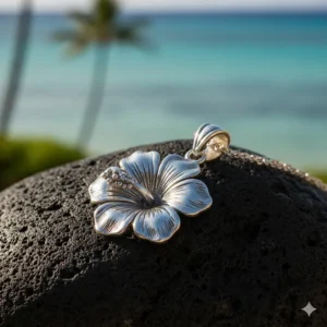 An exquisite sterling silver hibiscus flower necklace pendant, representing the premium jewelry options available.
