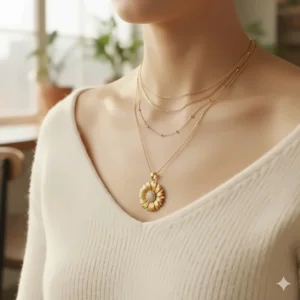 Example of a jewelry trend: the gold sunflower necklace being layered with two other delicate gold chains for a trendy, stacked look.