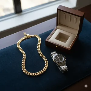 Overhead, luxury lay-flat photo of the real gold Miami Cuban link chain necklace next to a designer watch or jewelry box.