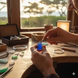 Jeweler's hands carefully setting a piece of natural sea glass to create a custom necklace.