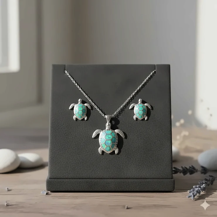 A matching jewelry set featuring the sea turtle necklace alongside coordinating turtle stud earrings.