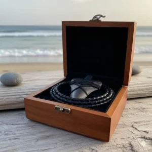 The megalodon tooth necklace presented in a premium wooden gift box, ready to be given as a unique and memorable gift.