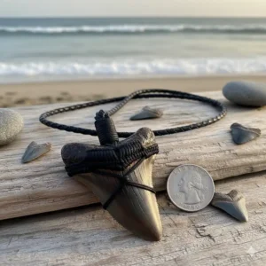 The megalodon tooth necklace shown next to a US quarter for a clear size comparison, illustrating the impressive scale of the authentic fossil shark tooth.