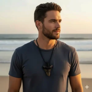 A stylish man wearing the rugged megalodon shark tooth necklace, highlighting its natural, powerful aesthetic as a statement piece of men's jewelry.