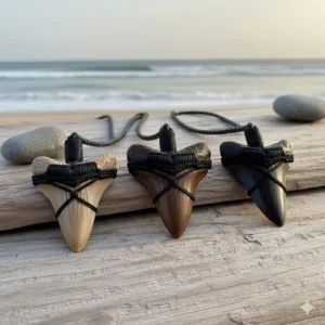 A display of three different megalodon tooth necklaces side-by-side, showcasing the natural color variations (tan, brown, black) of the fossilized teeth.
