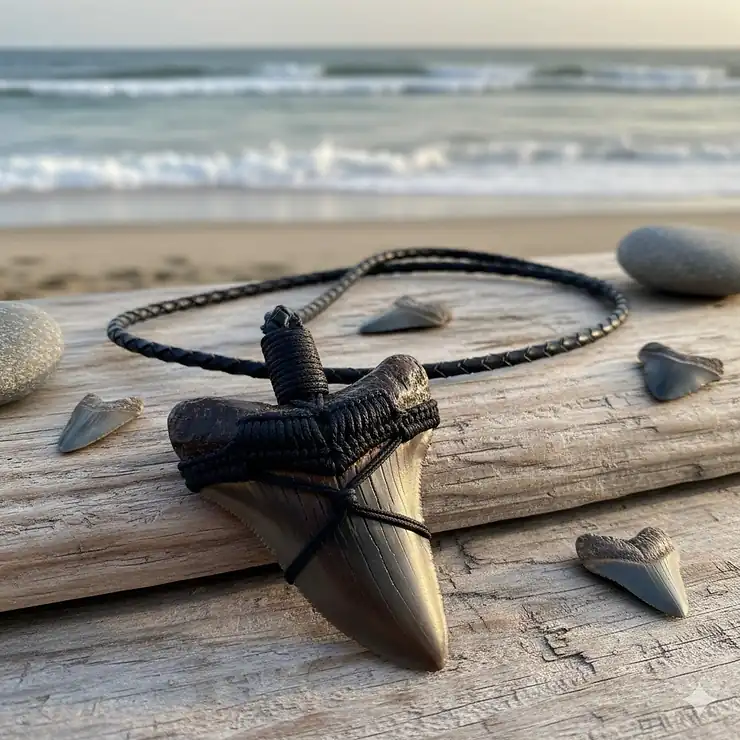 A stunning, close-up view of a genuine megalodon tooth necklace featuring a large, dark brown fossilized tooth on a rugged, black leather cord. This striking piece of shark tooth jewelry is perfect for ocean enthusiasts and collectors.