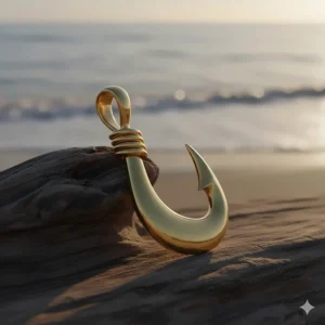 Close-up of a men's gold fish hook pendant, highlighting the smooth, polished finish of the ocean-inspired jewelry.