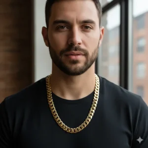 A professional male model wearing a substantial Miami Cuban link chain necklace to show scale and style.