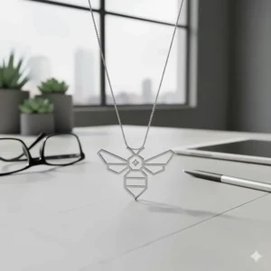 Minimalist and modern bee necklace with a geometric outline design, ideal for everyday wear and sleek office attire.