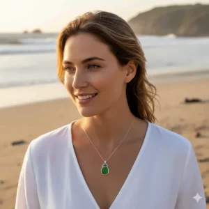 A model wearing a simple, elegant green sea glass necklace as a statement piece of jewelry.