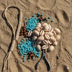 A flat-lay image of the natural, unpolished cowrie shells and colorful glass beads used to craft the jewelry.