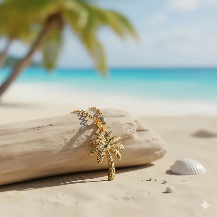 A dainty gold palm tree necklace pendant, illustrating the broader tropical-themed jewelry options available in addition to pure floral designs.