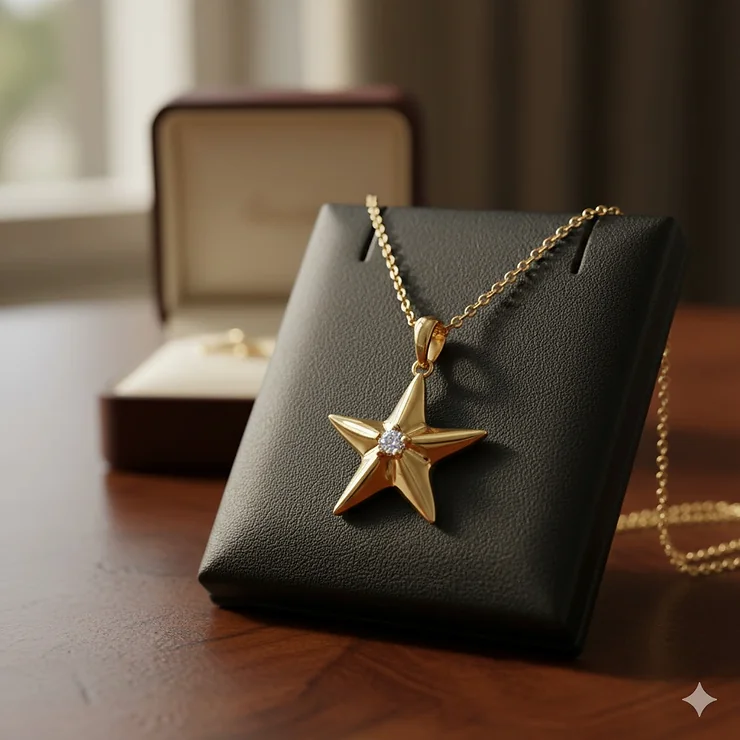 A high-end, solid 14k gold necklace starfish adorned with a single small diamond, showcasing luxury and premium quality.