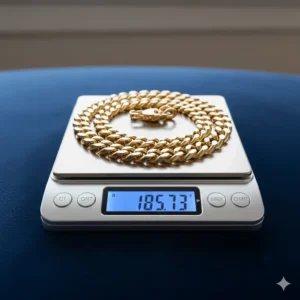A shot of the real gold Miami Cuban link chain resting on a digital scale to illustrate its certified weight in grams.