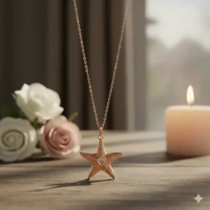 A romantic rose gold necklace starfish with a small heart-shaped cut-out, appealing to gift-givers and jewelry lovers.