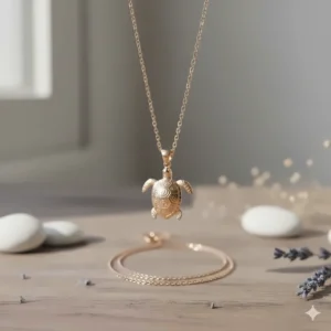 A stylish rose gold charm featuring a tiny sea turtle necklace design, perfect for layering with other jewelry.