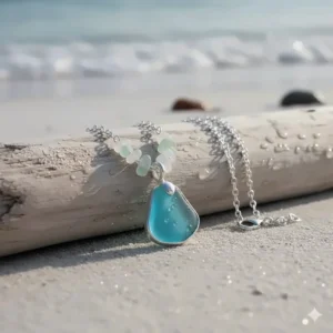 A beautiful, handmade sea glass necklace featuring a rare aqua blue shard, set in sterling silver on a delicate chain.