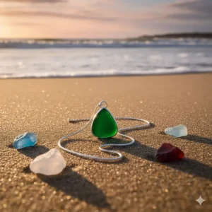 A finished sea glass necklace lying on a sandy beach next to rough pieces of ocean-tumbled glass.