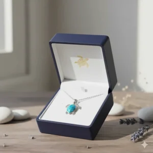 A thoughtfully packaged sea turtle necklace inside a branded gift box, ready for giving.