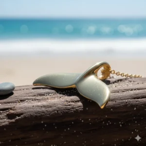 Side view of the solid gold whale tail necklace, showcasing the thickness and high quality of the marine-themed jewelry piece.