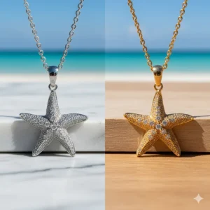 Comparison photo of sterling silver and 14k gold starfish necklaces side by side.