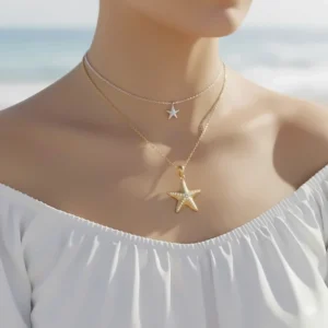 Layered look featuring a short starfish choker necklace and a long pendant version.